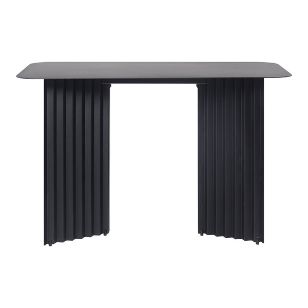 Modern black table with sleek lines and vertical ribbed pattern on the legs, perfect for contemporary spaces.