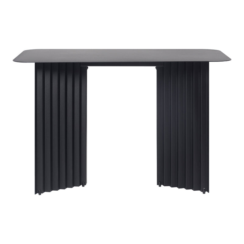 Modern black table with sleek lines and vertical ribbed pattern on the legs, perfect for contemporary spaces.