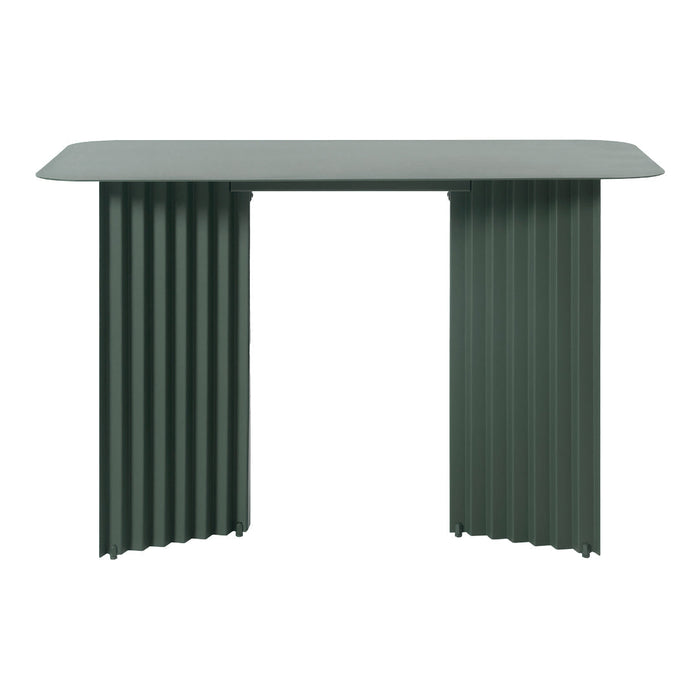 Green modern console table with textured ribbed sides and smooth top surface. Elegant and sleek design.