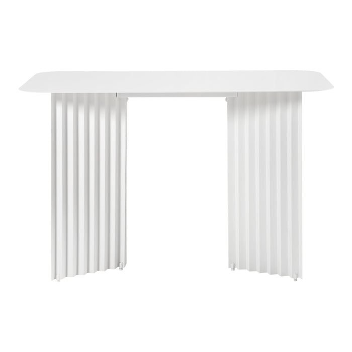 White modern table with smooth top and vertical striped sides, showcasing a sleek and minimalist design.