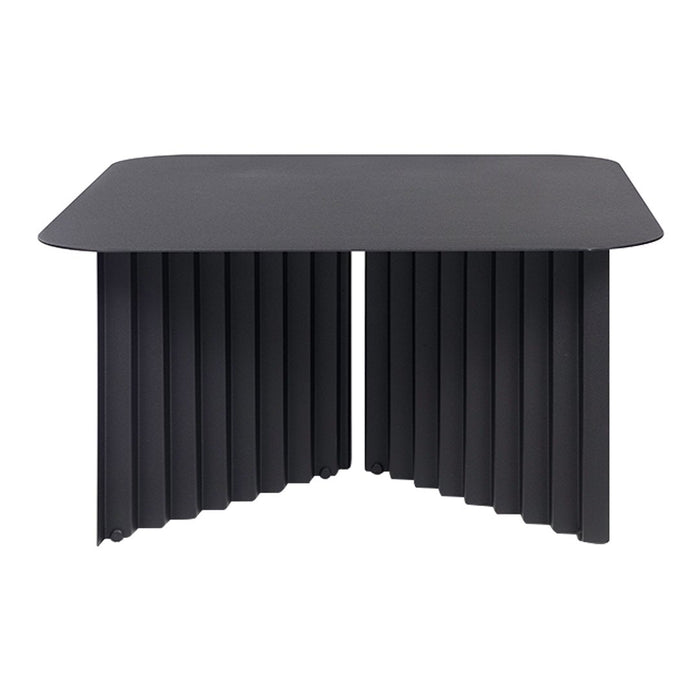 Black modern table with a sleek, matte finish and ribbed side panels for a contemporary look.