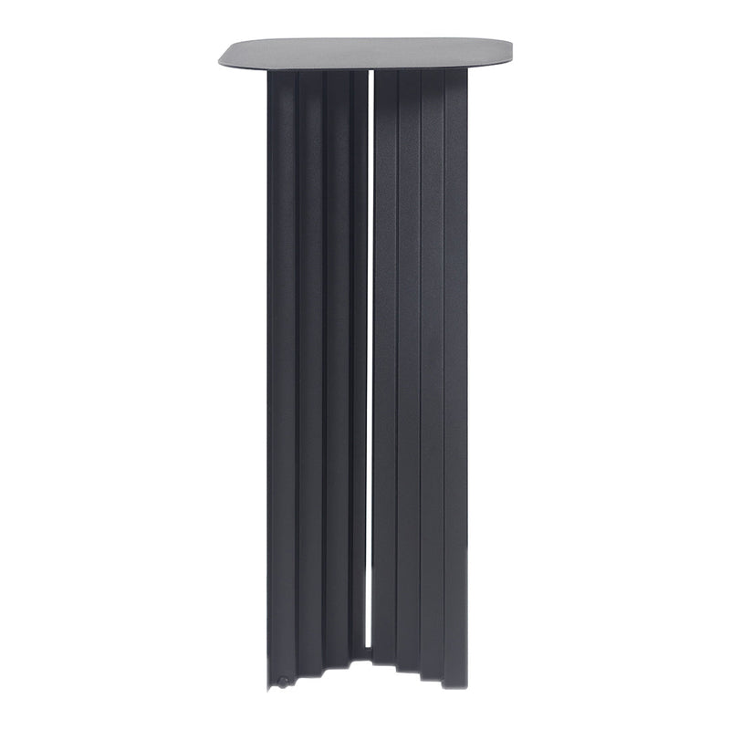 Black pedestal table with a sleek, modern design featuring vertical slat patterns. Ideal for contemporary decor.