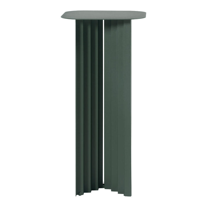 Green metal side table with a sleek, modern design and vertical stripe pattern on the legs.