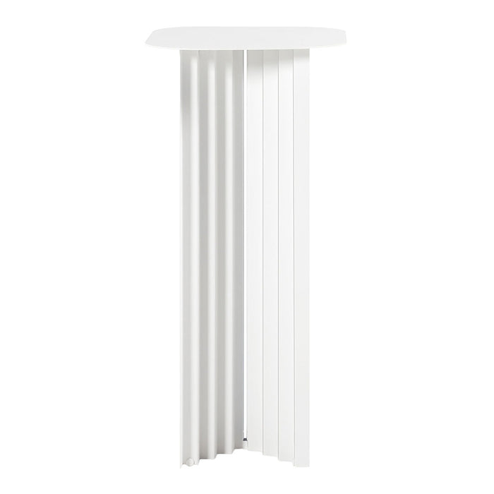 Modern white accent table with a sleek, ribbed design and smooth round top, perfect for minimalistic decor.