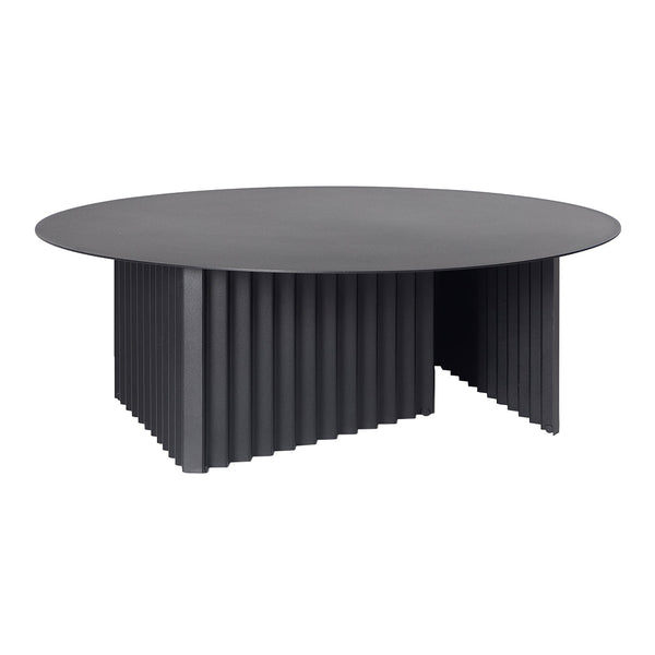 Sleek black round coffee table with a ribbed textured base, adding contemporary flair to any living space.