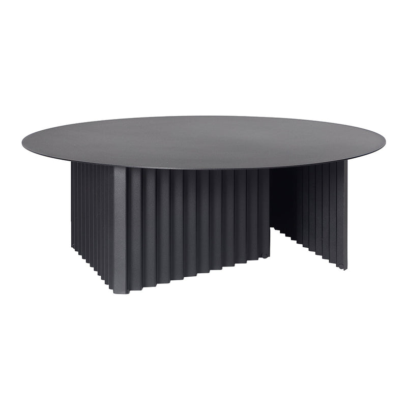 Sleek black round coffee table with a ribbed textured base, adding contemporary flair to any living space.