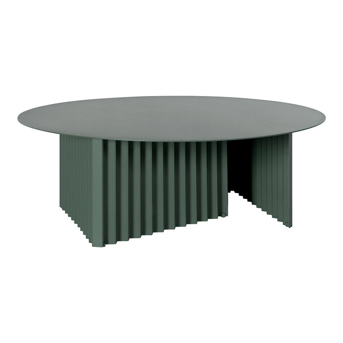 Round coffee table in muted green with ribbed base and smooth gray surface. Modern design for stylish interiors.