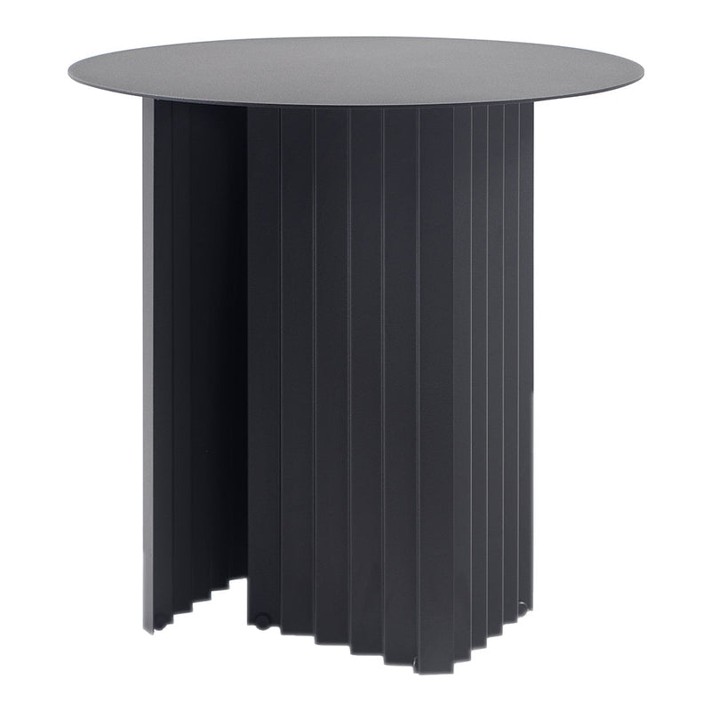 Round black table with a ribbed design, featuring a sleek matte finish and modern aesthetic. Ideal for contemporary spaces.