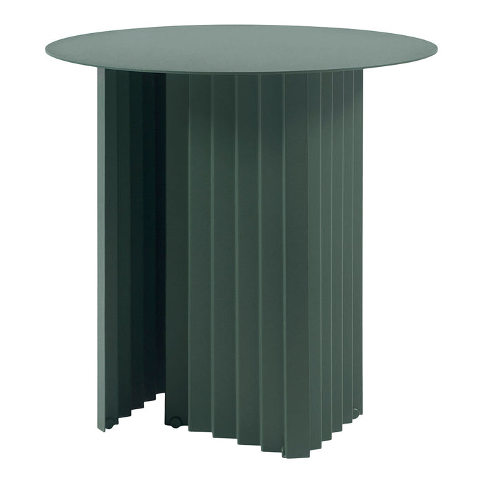 Green round table with vertical ribbed pattern, featuring a sleek modern design and matte finish.