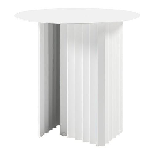 Modern round table in white with ribbed gray accents, featuring a sleek and minimalist design. Ideal for contemporary spaces.