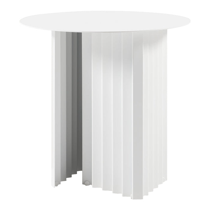 Modern round table in white with ribbed gray accents, featuring a sleek and minimalist design. Ideal for contemporary spaces.
