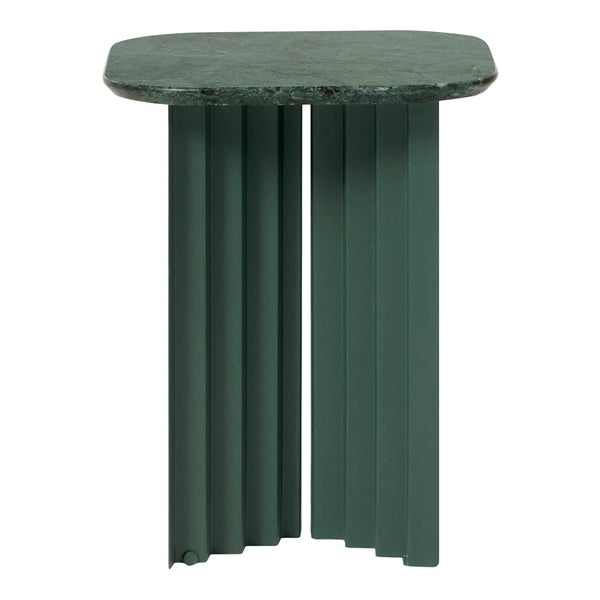 Green marble top side table with vertical ribbed design in deep green tones, adding a modern touch to decor.