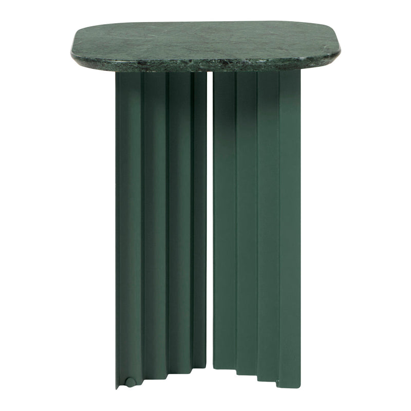 Green marble top side table with vertical ribbed design in deep green tones, adding a modern touch to decor.