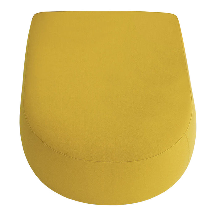 Bright yellow upholstered ottoman with a smooth, curved shape and minimalistic design. Perfect for modern decor.