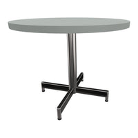 Round table with a light gray top and sleek black metal base, perfect for modern dining spaces.