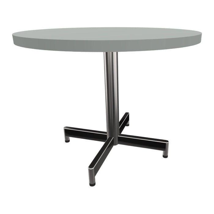 Round table with a light gray top and sleek black metal base, perfect for modern dining spaces.