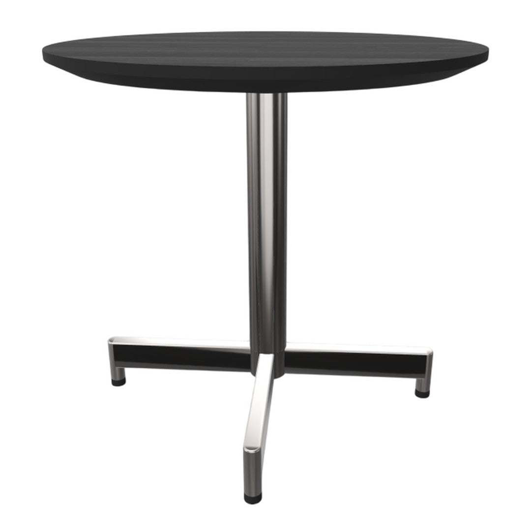 Black round table with a sleek silver metal base, perfect for modern decor. Simple and stylish design.