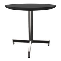 Black round table with a sleek silver metal base, perfect for modern decor. Simple and stylish design.