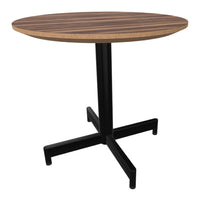 Round wooden table with a dark brown striped top and a sleek black metal base. Perfect for modern decor.