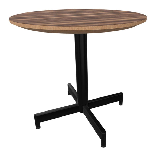 Round wooden table with a dark brown striped top and a sleek black metal base. Perfect for modern decor.
