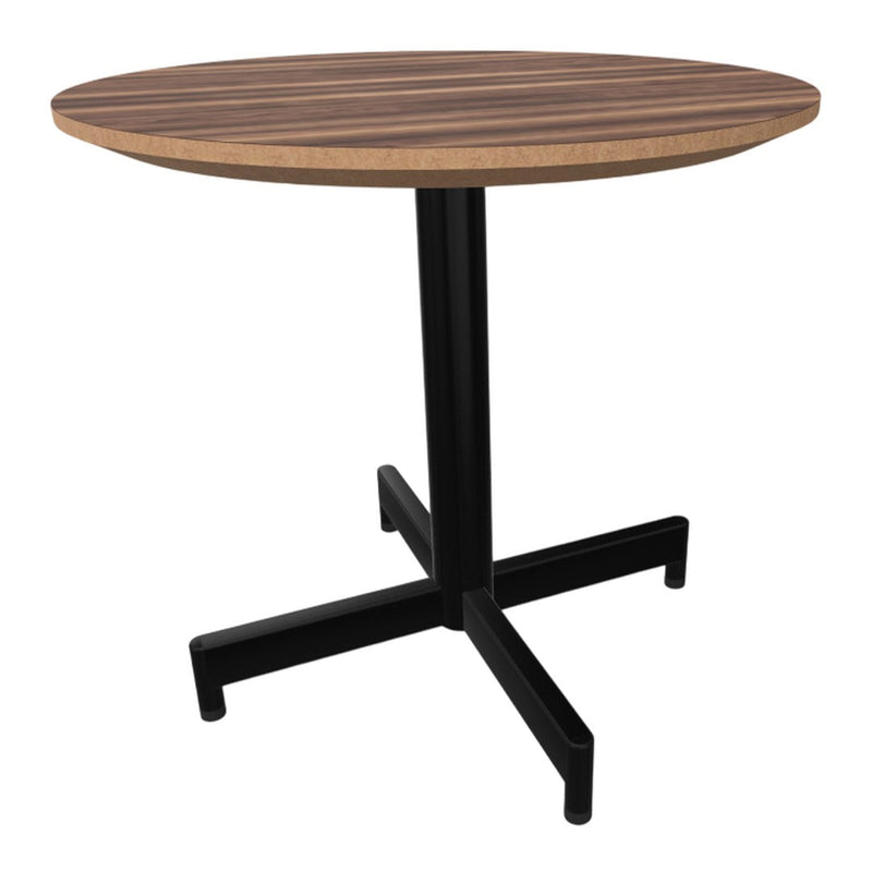 Round wooden table with a dark brown striped top and a sleek black metal base. Perfect for modern decor.