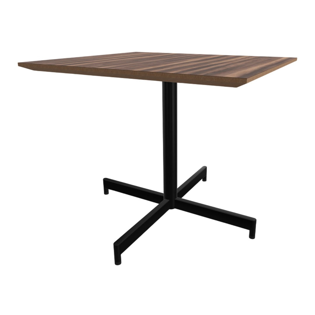 Modern square table with a dark wood grain top and sleek black metal base, perfect for contemporary spaces.
