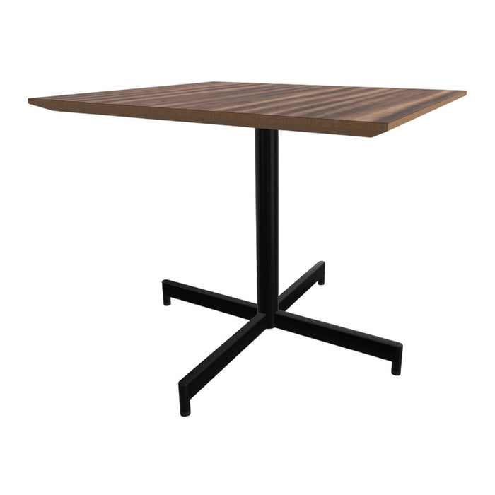 Modern square table with a dark wood grain top and sleek black metal base, perfect for contemporary spaces.