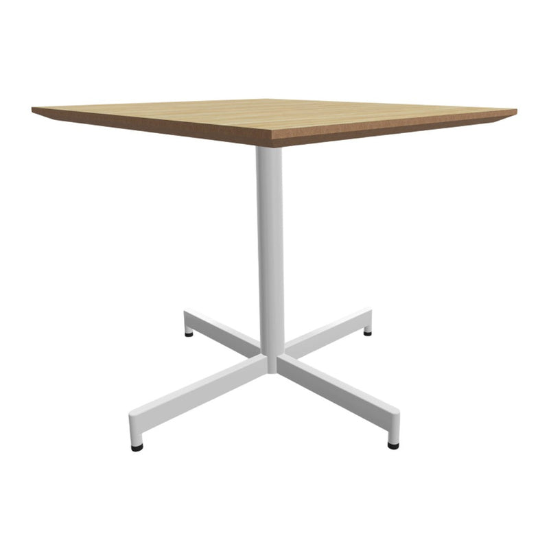 Square table with a light wood top and a sleek white metal base, featuring a minimalist design.