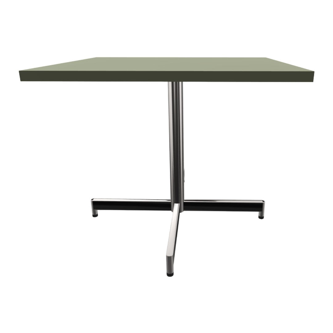 Modern rectangular table with a muted olive green top and sleek silver-black metal base.