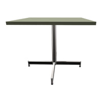 Modern rectangular table with a muted olive green top and sleek silver-black metal base.