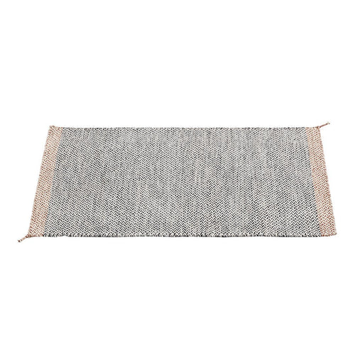 Gray woven rug with beige fringed edges, featuring a subtle geometric pattern for a modern touch.