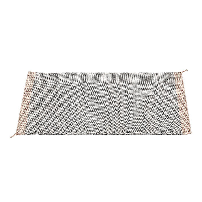 Gray woven rug with beige fringed edges, featuring a subtle geometric pattern for a modern touch.