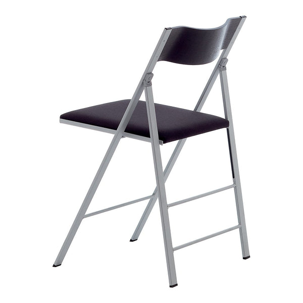 Black folding chair with a sleek silver frame, featuring a smooth matte finish and minimalist design.