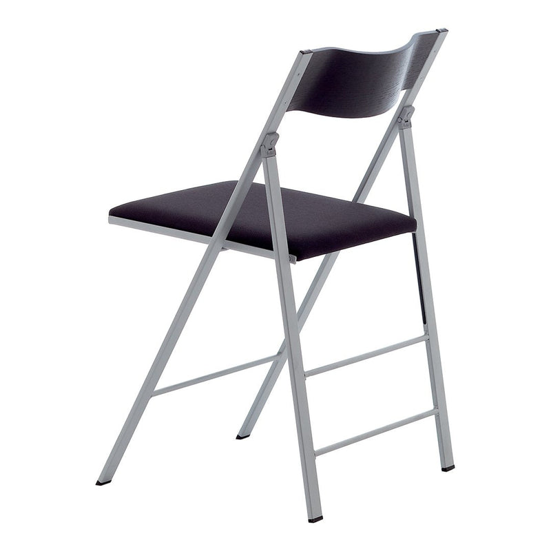 Black folding chair with a sleek silver frame, featuring a smooth matte finish and minimalist design.