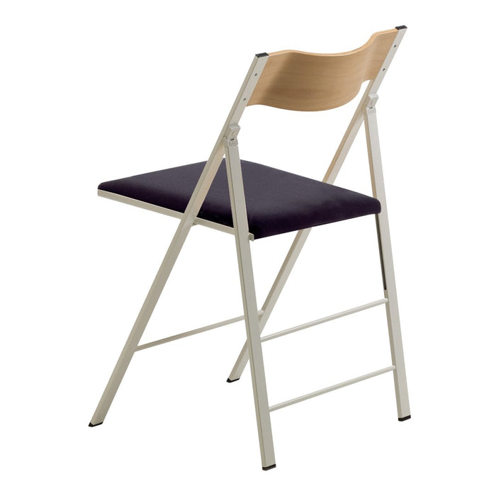 "Folding chair with a light wood backrest and a dark purple seat on a white metal frame."