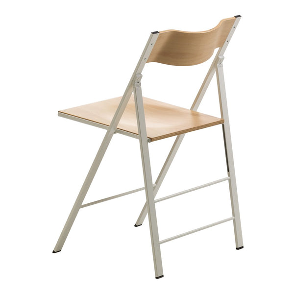 Light wood seat with a natural finish and a white metal frame, featuring a minimalist design. Ideal for modern decor.