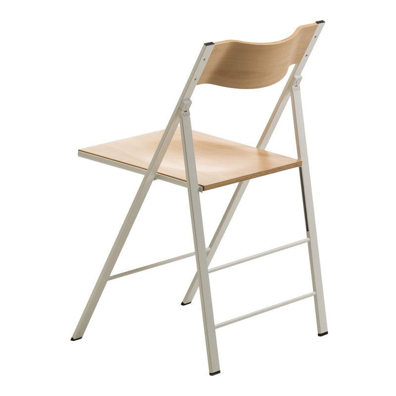 Light wood seat with a natural finish and a white metal frame, featuring a minimalist design. Ideal for modern decor.