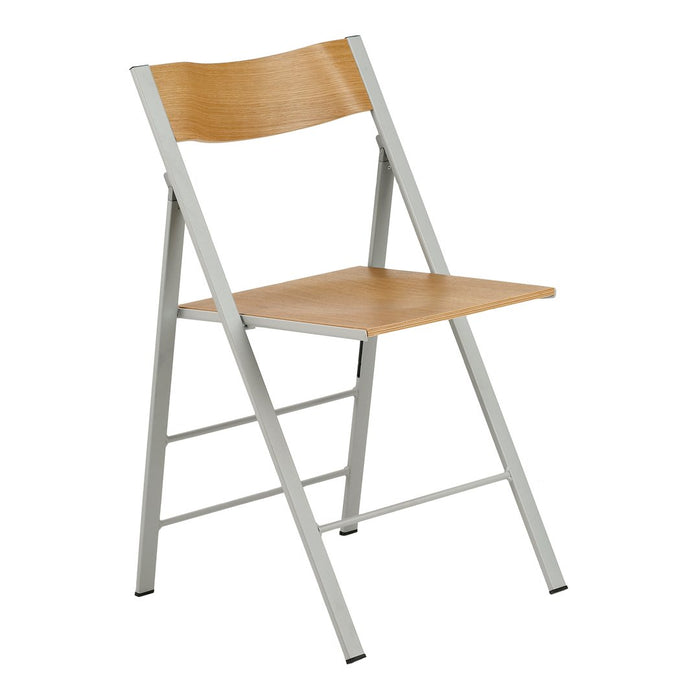 Light wood seat and backrest with a sleek silver metal frame. Modern, minimalist design suits any decor style.