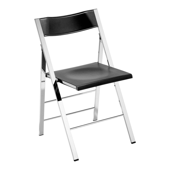 Black folding chair with a sleek chrome frame and simple, modern design. Perfect for any contemporary space.