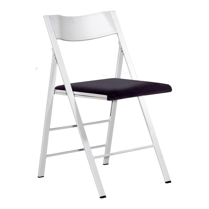"Stylish folding chair with a sleek silver frame and a solid black seat, perfect for modern decor."