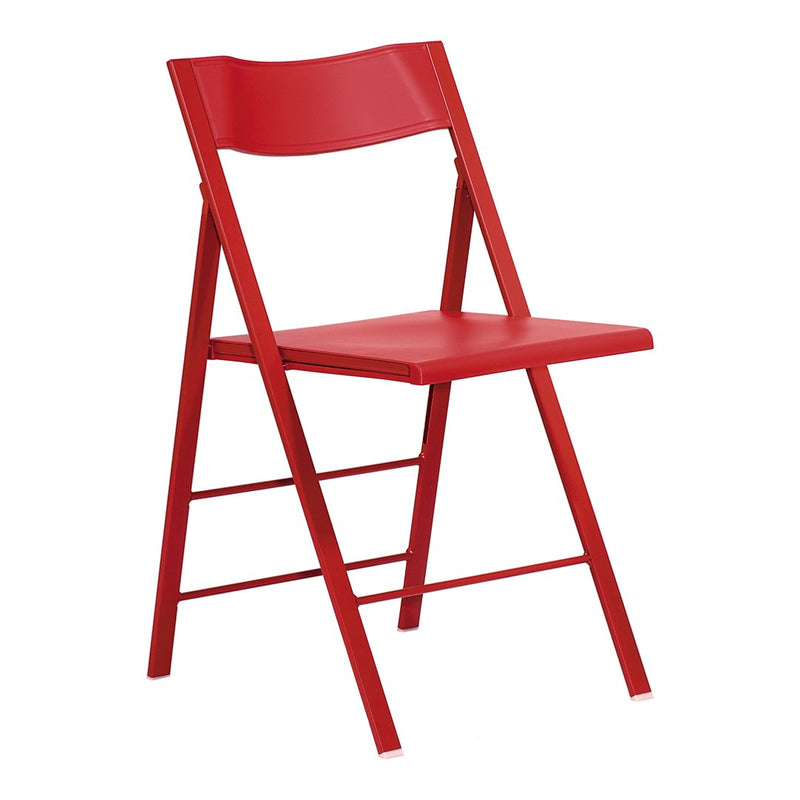 Bright red folding chair with a sleek design and smooth finish, perfect for modern spaces.