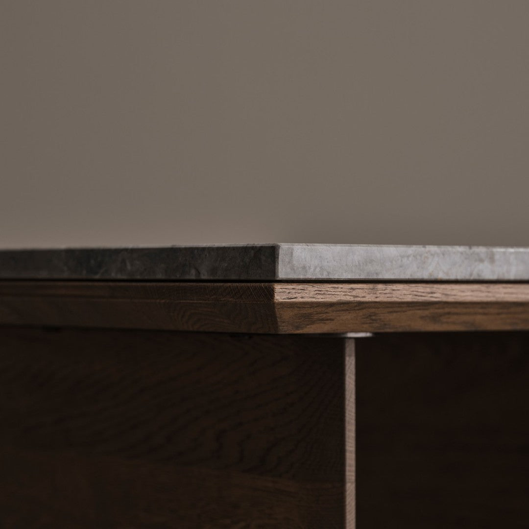 Dark wood base with sleek gray stone top, featuring a smooth, polished finish and clean lines.