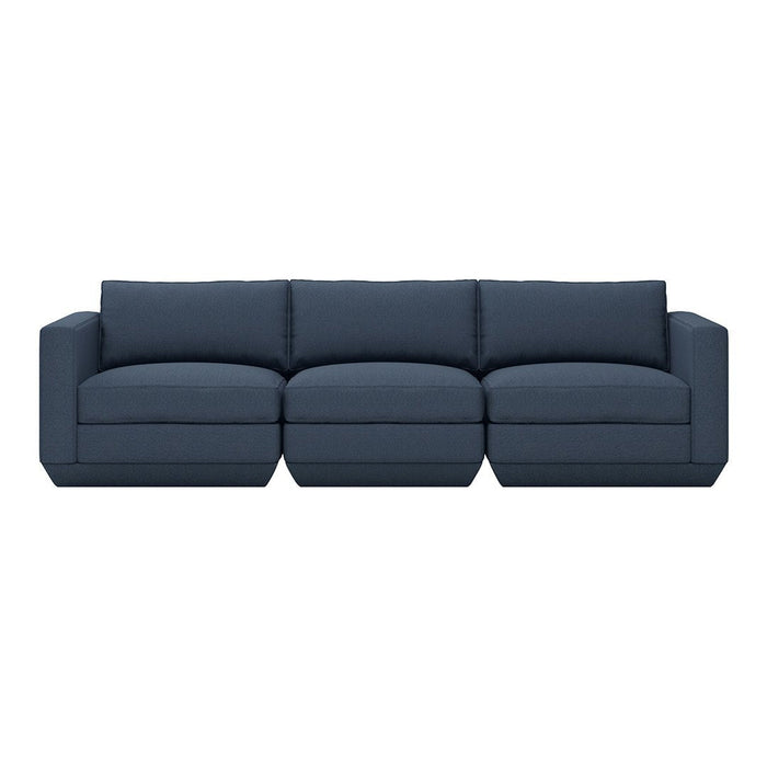 Dark navy blue sectional sofa with solid fabric and a modern, streamlined design. Perfect for contemporary living spaces.
