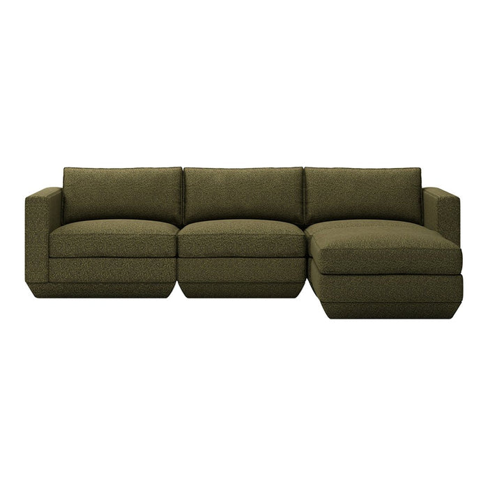Olive green sectional sofa with a textured fabric and clean lines, perfect for modern living spaces.