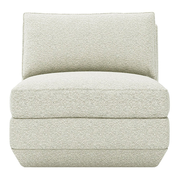 Light grey upholstered chair with a textured, subtle pattern, featuring a modern, minimalist design.