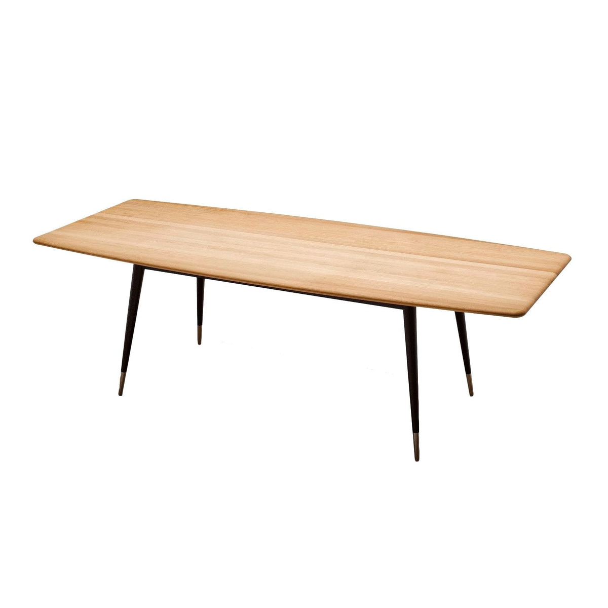 Light oak rectangular table with a smooth surface and tapered black legs, perfect for modern decor.