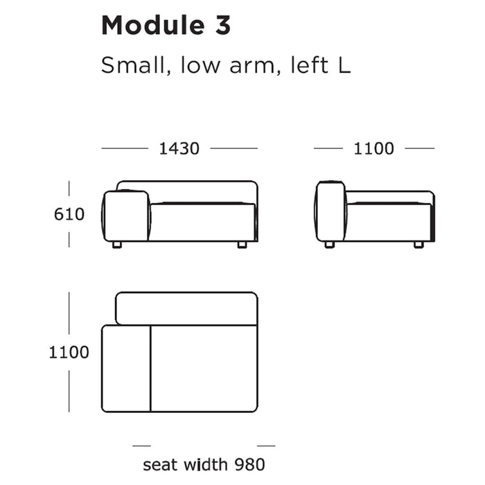 "Small left L-shaped sofa module in solid color with minimalist design, ideal for modern interiors."