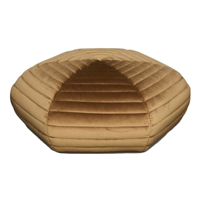 Golden velvet pouf with elegant quilted pattern, featuring geometric hexagonal shape. Perfect for modern decor.