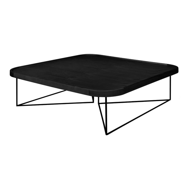 Stylish black square coffee table with a smooth surface and minimalist black metal legs. Perfect for modern décor.