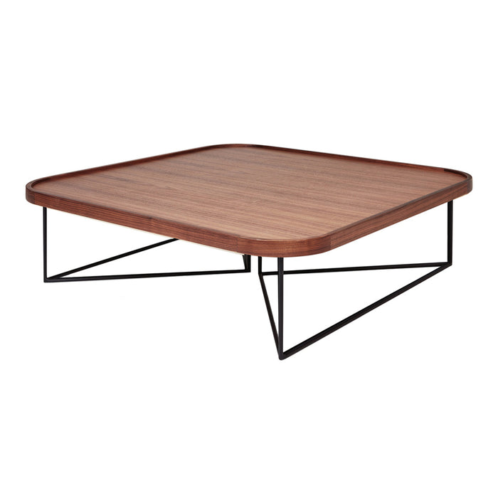 Square coffee table with a warm wood finish and sleek black metal legs, featuring a minimalist design and smooth surface.